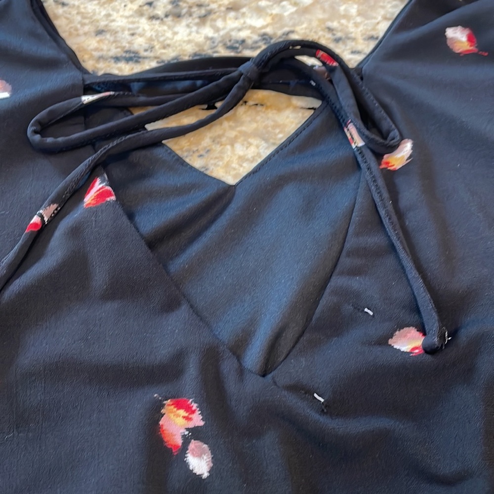 Maurice’s - Black Floral Dress Elastic Waist V Neck, Back Neck Tie, size medium - Picture 9 of 12